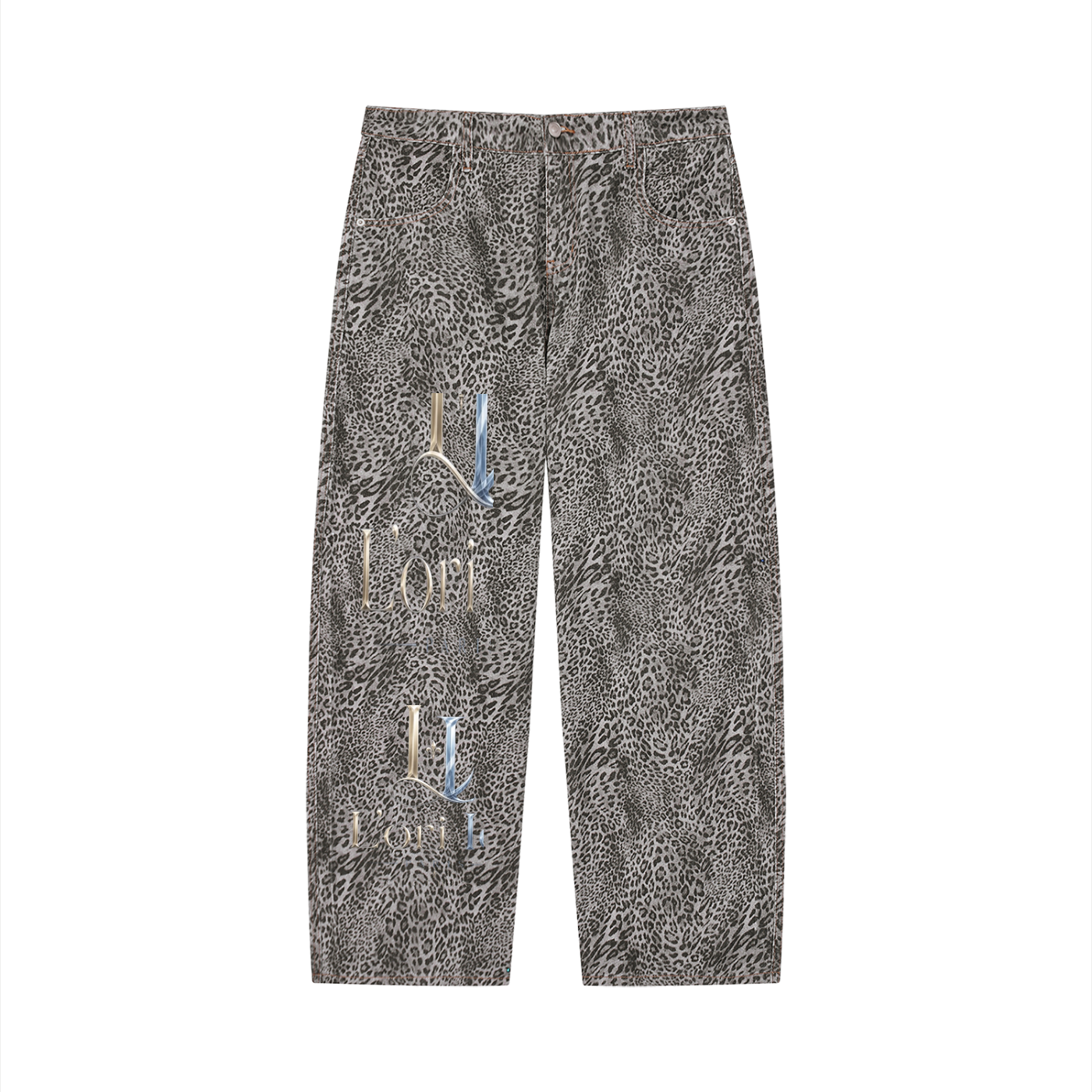 L’ori Ice Paris -Unisex Vintage Wash Leopard Wide Leg Jeans