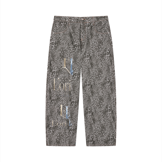 L’ori Ice Paris -Unisex Vintage Wash Leopard Wide Leg Jeans